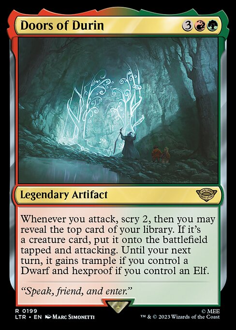 Whenever you attack, scry 2, then you may reveal the top card of your library. If it's a creature card, put it onto the battlefield tapped and attacking. Until your next turn, it gains trample if you control a Dwarf and hexproof if you control an Elf.