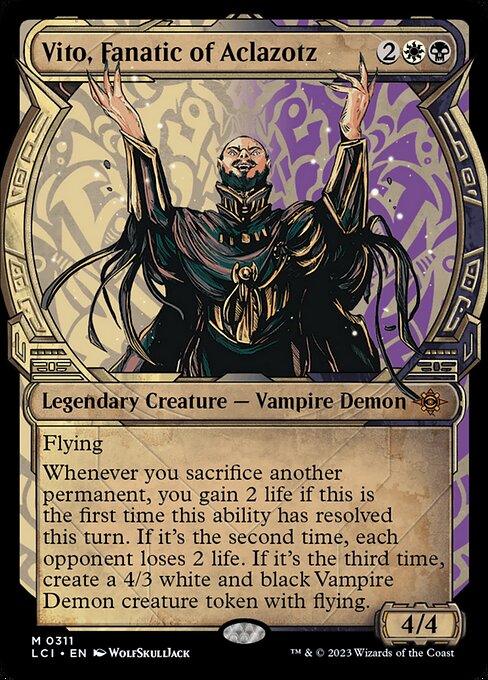 Flying
Whenever you sacrifice another permanent, you gain 2 life if this is the first time this ability has resolved this turn. If it's the second time, each opponent loses 2 life. If it's the third time, create a 4/3 white and black Vampire Demon creature token with flying.