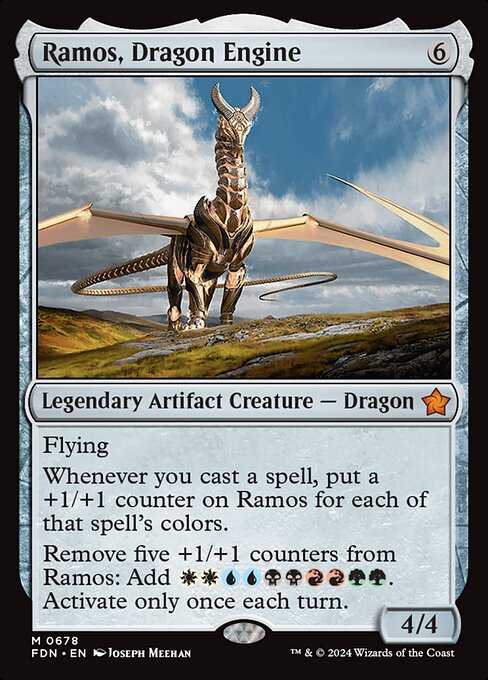 Flying
Whenever you cast a spell, put a +1/+1 counter on Ramos for each of that spell's colors.
Remove five +1/+1 counters from Ramos: Add {W}{W}{U}{U}{B}{B}{R}{R}{G}{G}. Activate only once each turn.