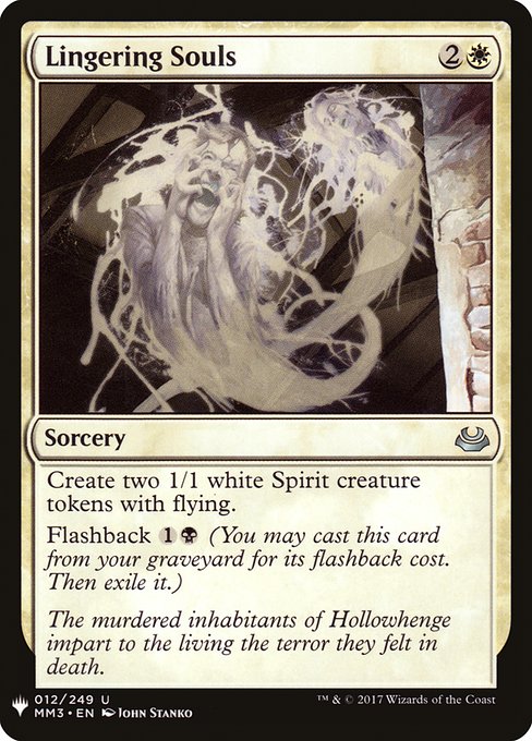 Create two 1/1 white Spirit creature tokens with flying.
Flashback {1}{B} (You may cast this card from your graveyard for its flashback cost. Then exile it.)