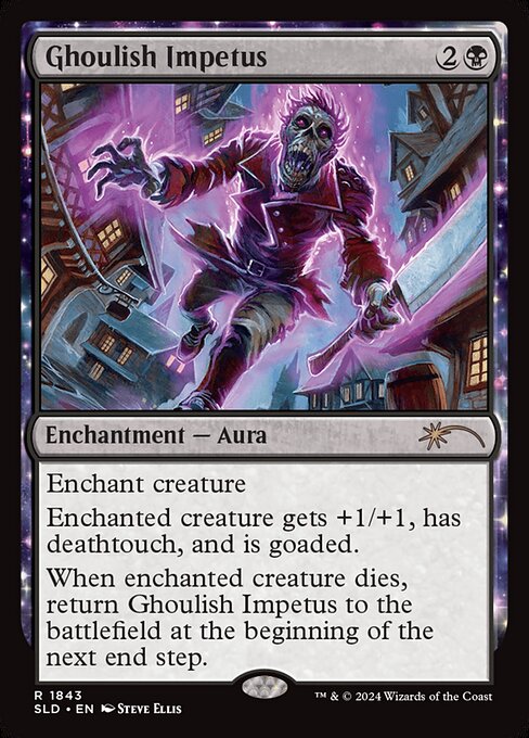 Enchant creature
Enchanted creature gets +1/+1, has deathtouch, and is goaded.
When enchanted creature dies, return this card to the battlefield at the beginning of the next end step.