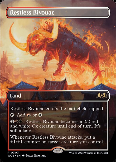 Restless Bivouac enters the battlefield tapped.
{T}: Add {R} or {W}.
{1}{R}{W}: Restless Bivouac becomes a 2/2 red and white Ox creature until end of turn. It's still a land.
Whenever Restless Bivouac attacks, put a +1/+1 counter on target creature you control.