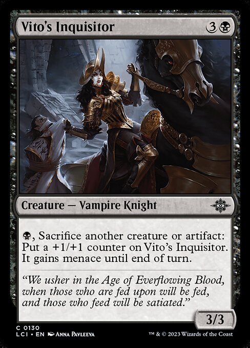 {B}, Sacrifice another creature or artifact: Put a +1/+1 counter on Vito's Inquisitor. It gains menace until end of turn.