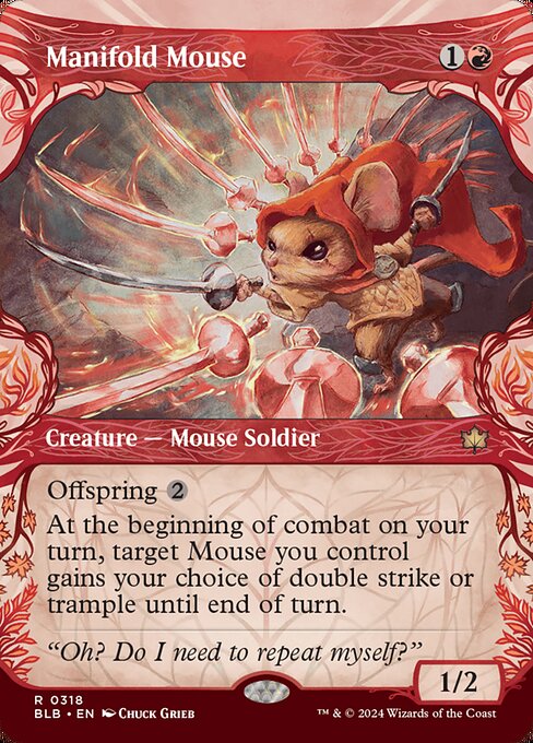 Offspring {2} (You may pay an additional {2} as you cast this spell. If you do, when this creature enters, create a 1/1 token copy of it.)
At the beginning of combat on your turn, target Mouse you control gains your choice of double strike or trample until end of turn.