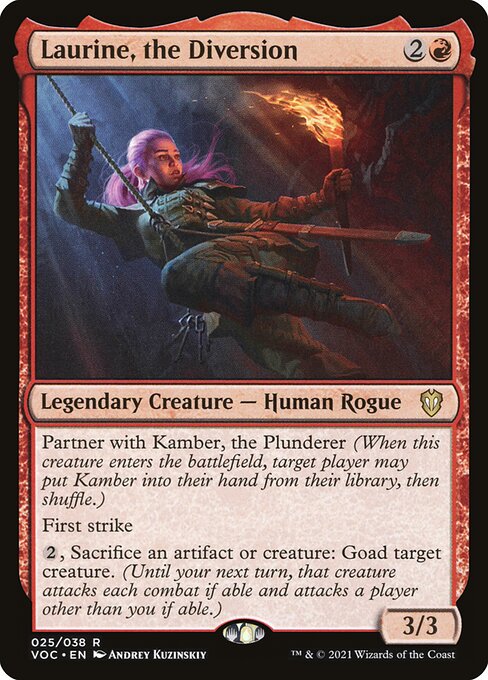 Partner with Kamber, the Plunderer (When this creature enters the battlefield, target player may put Kamber into their hand from their library, then shuffle.)
First strike
{2}, Sacrifice an artifact or creature: Goad target creature. (Until your next turn, that creature attacks each combat if able and attacks a player other than you if able.)