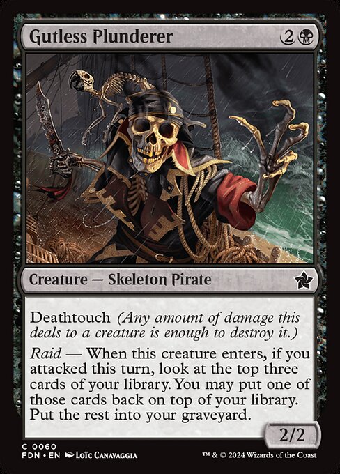 Deathtouch (Any amount of damage this deals to a creature is enough to destroy it.)
Raid — When this creature enters, if you attacked this turn, look at the top three cards of your library. You may put one of those cards back on top of your library. Put the rest into your graveyard.