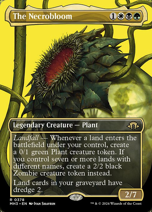 Landfall — Whenever a land enters the battlefield under your control, create a 0/1 green Plant creature token. If you control seven or more lands with different names, create a 2/2 black Zombie creature token instead.
Land cards in your graveyard have dredge 2. (You may return a land card from your graveyard to your hand and mill two cards instead of drawing a card.)