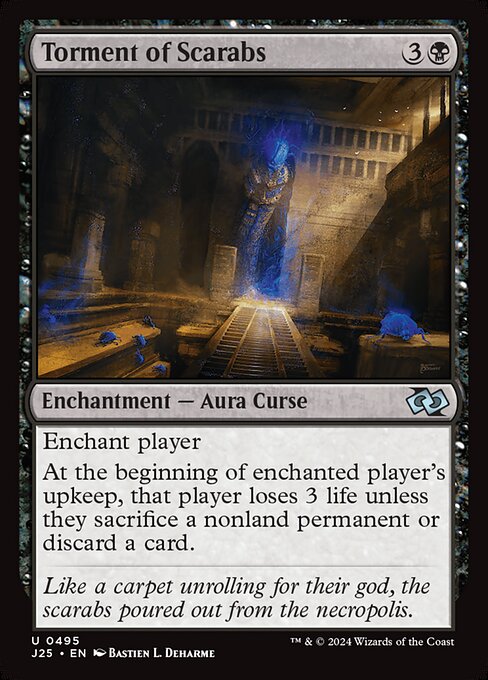 Enchant player
At the beginning of enchanted player's upkeep, that player loses 3 life unless they sacrifice a nonland permanent of their choice or discard a card.