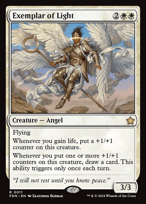 Flying
Whenever you gain life, put a +1/+1 counter on this creature.
Whenever you put one or more +1/+1 counters on this creature, draw a card. This ability triggers only once each turn.