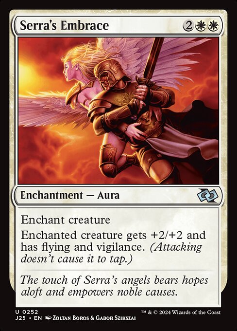 Enchant creature
Enchanted creature gets +2/+2 and has flying and vigilance. (Attacking doesn't cause it to tap.)