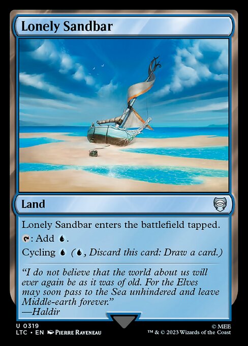 Lonely Sandbar enters tapped.
{T}: Add {U}.
Cycling {U} ({U}, Discard this card: Draw a card.)