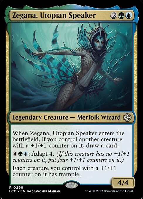 When Zegana enters, if you control another creature with a +1/+1 counter on it, draw a card.
{4}{G}{U}: Adapt 4. (If this creature has no +1/+1 counters on it, put four +1/+1 counters on it.)
Each creature you control with a +1/+1 counter on it has trample.