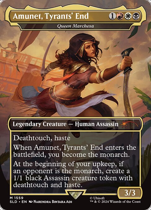 Deathtouch, haste
When Queen Marchesa enters the battlefield, you become the monarch.
At the beginning of your upkeep, if an opponent is the monarch, create a 1/1 black Assassin creature token with deathtouch and haste.