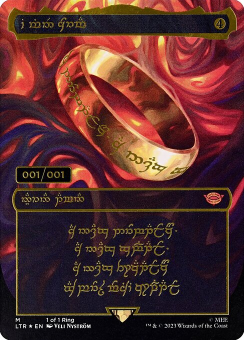 Indestructible
When The One Ring enters the battlefield, if you cast it, you gain protection from everything until your next turn.
At the beginning of your upkeep, you lose 1 life for each burden counter on The One Ring.
{T}: Put a burden counter on The One Ring, then draw a card for each burden counter on The One Ring.