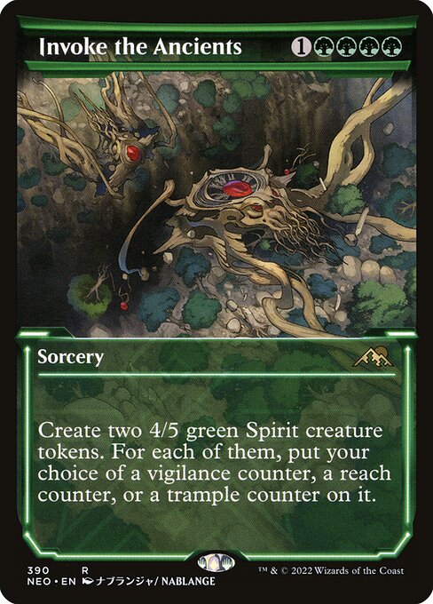 Create two 4/5 green Spirit creature tokens. For each of them, put your choice of a vigilance counter, a reach counter, or a trample counter on it.