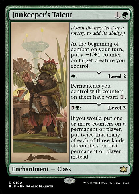 (Gain the next level as a sorcery to add its ability.)
At the beginning of combat on your turn, put a +1/+1 counter on target creature you control.
{G}: Level 2
Permanents you control with counters on them have ward {1}.
{3}{G}: Level 3
If you would put one or more counters on a permanent or player, put twice that many of each of those kinds of counters on that permanent or player instead.