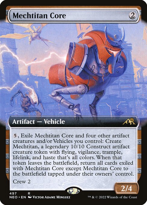 {5}, Exile Mechtitan Core and four other artifact creatures and/or Vehicles you control: Create Mechtitan, a legendary 10/10 Construct artifact creature token with flying, vigilance, trample, lifelink, and haste that's all colors. When that token leaves the battlefield, return all cards exiled with Mechtitan Core except Mechtitan Core to the battlefield tapped under their owners' control.
Crew 2