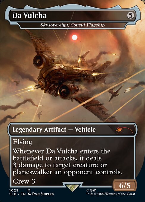 Flying
Whenever Skysovereign, Consul Flagship enters the battlefield or attacks, it deals 3 damage to target creature or planeswalker an opponent controls.
Crew 3 (Tap any number of creatures you control with total power 3 or more: This Vehicle becomes an artifact creature until end of turn.)