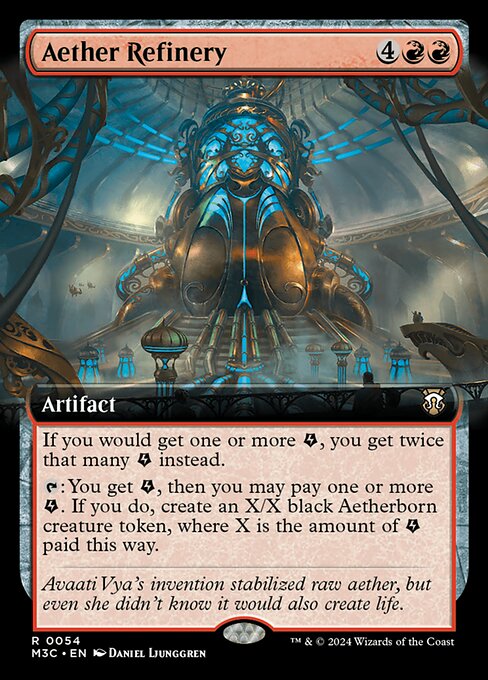 If you would get one or more {E}, you get twice that many instead.
{T}: You get {E}, then you may pay one or more {E}. If you do, create an X/X black Aetherborn creature token, where X is the amount of {E} paid this way.