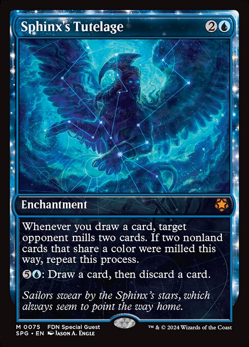 Whenever you draw a card, target opponent mills two cards. If two nonland cards that share a color were milled this way, repeat this process.
{5}{U}: Draw a card, then discard a card.