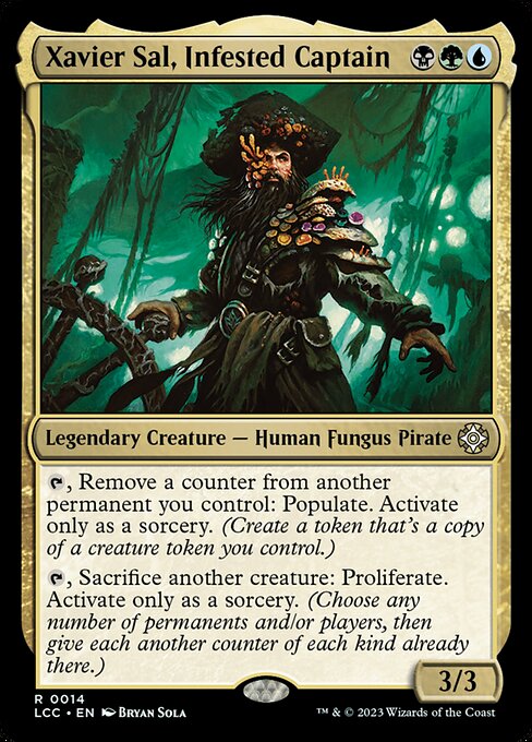 {T}, Remove a counter from another permanent you control: Populate. Activate only as a sorcery. (Create a token that's a copy of a creature token you control.)
{T}, Sacrifice another creature: Proliferate. Activate only as a sorcery. (Choose any number of permanents and/or players, then give each another counter of each kind already there.)