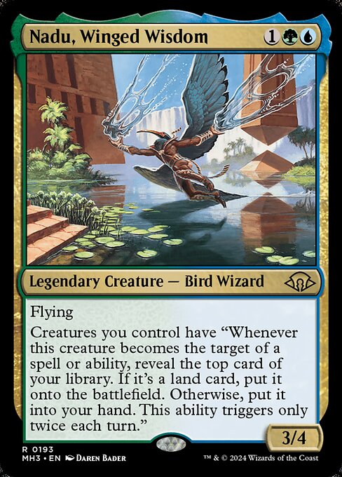 Flying
Creatures you control have "Whenever this creature becomes the target of a spell or ability, reveal the top card of your library. If it's a land card, put it onto the battlefield. Otherwise, put it into your hand. This ability triggers only twice each turn."