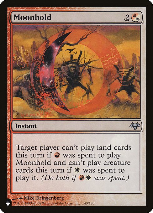 Target player can't play lands this turn if {R} was spent to cast this spell and can't cast creature spells this turn if {W} was spent to cast this spell. (Do both if {R}{W} was spent.)
