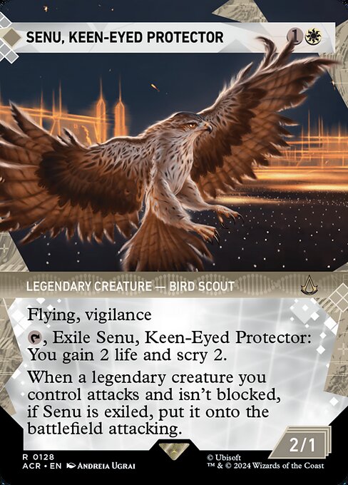 Flying, vigilance
{T}, Exile Senu, Keen-Eyed Protector: You gain 2 life and scry 2.
When a legendary creature you control attacks and isn't blocked, if Senu is exiled, put it onto the battlefield attacking.