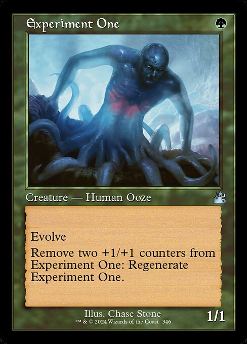 Evolve (Whenever a creature you control enters, if that creature has greater power or toughness than this creature, put a +1/+1 counter on this creature.)
Remove two +1/+1 counters from Experiment One: Regenerate Experiment One. (The next time this creature would be destroyed, instead tap it, remove it from combat, and heal all damage on it.)