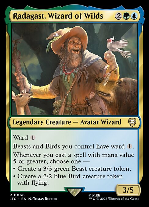 Ward {1}
Beasts and Birds you control have ward {1}.
Whenever you cast a spell with mana value 5 or greater, choose one —
• Create a 3/3 green Beast creature token.
• Create a 2/2 blue Bird creature token with flying.