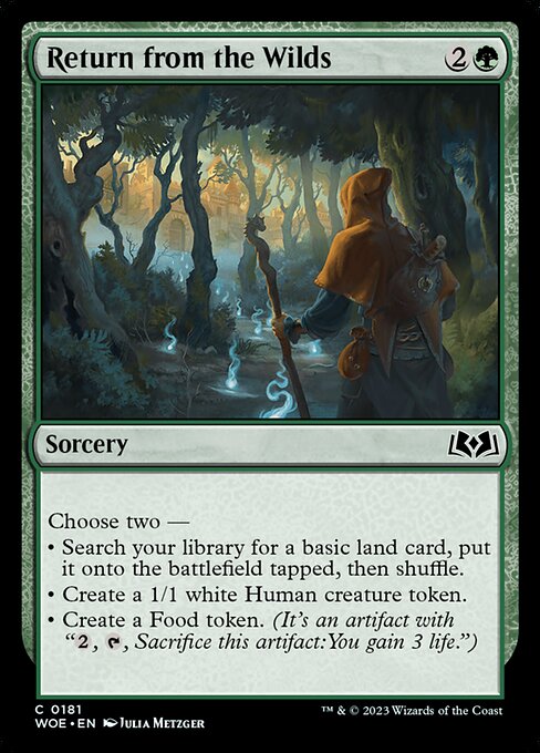 Choose two —
• Search your library for a basic land card, put it onto the battlefield tapped, then shuffle.
• Create a 1/1 white Human creature token.
• Create a Food token. (It's an artifact with "{2}, {T}, Sacrifice this artifact: You gain 3 life.")