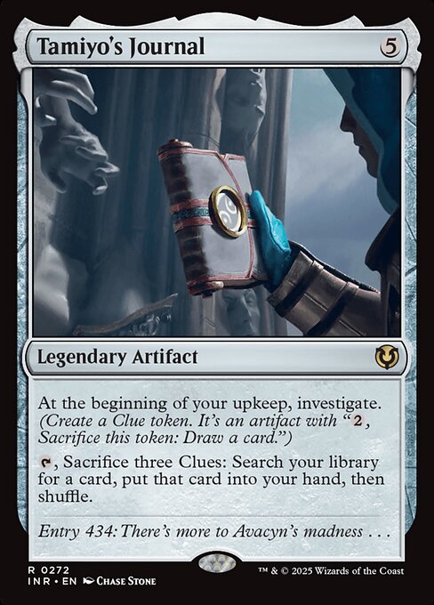 At the beginning of your upkeep, investigate. (Create a Clue token. It's an artifact with "{2}, Sacrifice this token: Draw a card.")
{T}, Sacrifice three Clues: Search your library for a card, put that card into your hand, then shuffle.