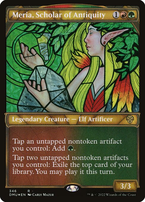 Tap an untapped nontoken artifact you control: Add {G}.
Tap two untapped nontoken artifacts you control: Exile the top card of your library. You may play it this turn.
