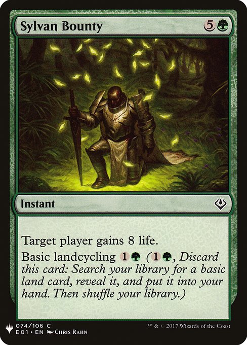 Target player gains 8 life.
Basic landcycling {1}{G} ({1}{G}, Discard this card: Search your library for a basic land card, reveal it, put it into your hand, then shuffle.)