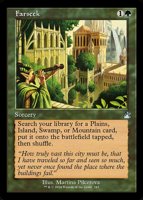 Search your library for a Plains, Island, Swamp, or Mountain card, put it onto the battlefield tapped, then shuffle.