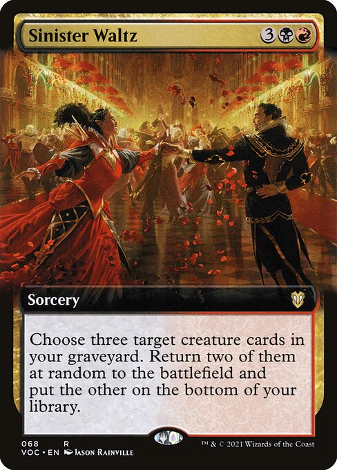 Choose three target creature cards in your graveyard. Return two of them at random to the battlefield and put the other on the bottom of your library.
