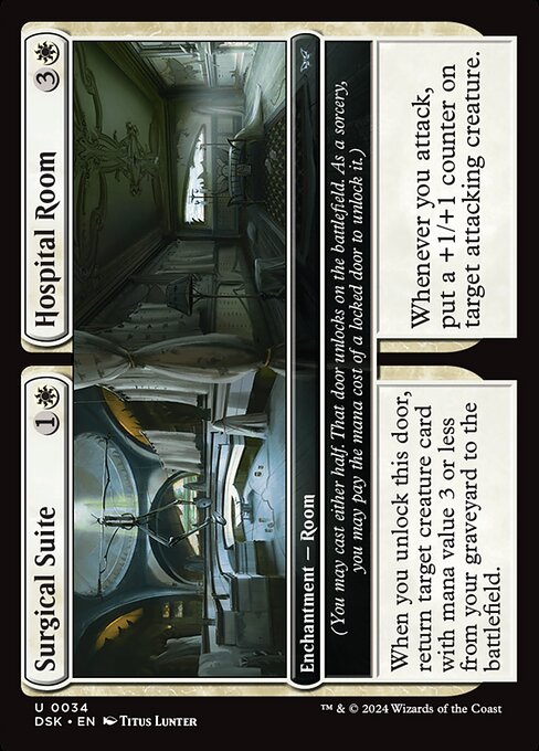 When you unlock this door, return target creature card with mana value 3 or less from your graveyard to the battlefield.
(You may cast either half. That door unlocks on the battlefield. As a sorcery, you may pay the mana cost of a locked door to unlock it.) Whenever you attack, put a +1/+1 counter on target attacking creature.
(You may cast either half. That door unlocks on the battlefield. As a sorcery, you may pay the mana cost of a locked door to unlock it.)