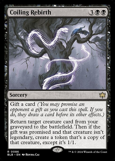 Gift a card (You may promise an opponent a gift as you cast this spell. If you do, they draw a card before its other effects.)
Return target creature card from your graveyard to the battlefield. Then if the gift was promised and that creature isn't legendary, create a token that's a copy of that creature, except it's 1/1.