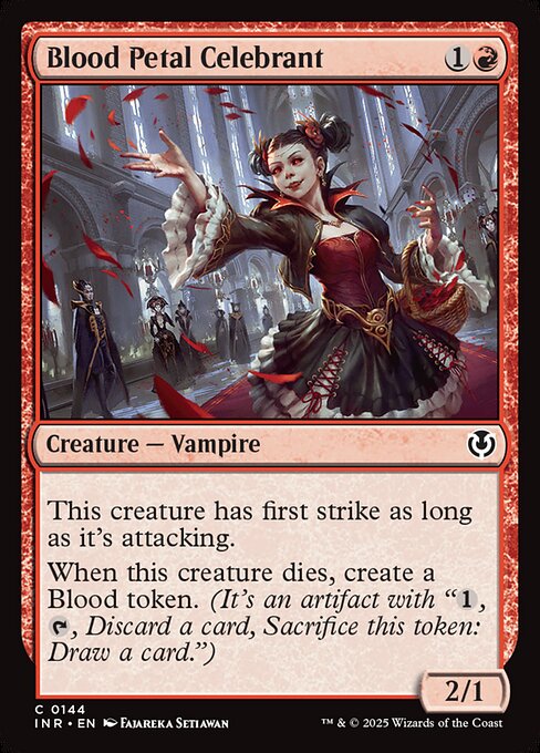 Blood Petal Celebrant has first strike as long as it's attacking. (It deals combat damage before creatures without first strike.)
When Blood Petal Celebrant dies, create a Blood token. (It's an artifact with "{1}, {T}, Discard a card, Sacrifice this artifact: Draw a card.")