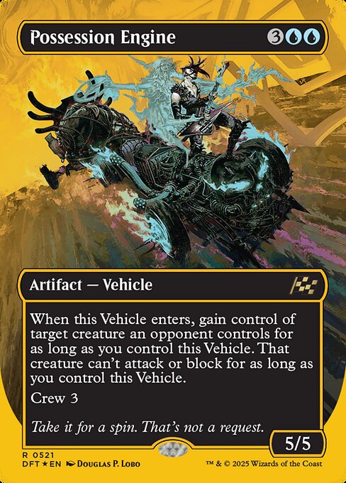 When this Vehicle enters, gain control of target creature an opponent controls for as long as you control this Vehicle. That creature can't attack or block for as long as you control this Vehicle.
Crew 3