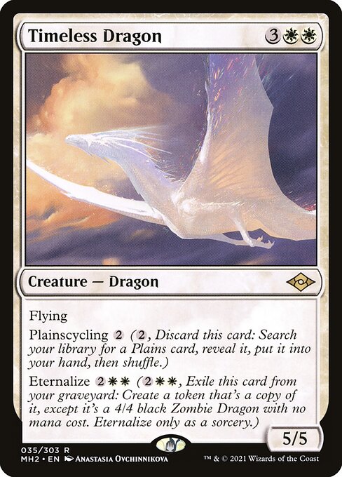 Flying
Plainscycling {2} ({2}, Discard this card: Search your library for a Plains card, reveal it, put it into your hand, then shuffle.)
Eternalize {2}{W}{W} ({2}{W}{W}, Exile this card from your graveyard: Create a token that's a copy of it, except it's a 4/4 black Zombie Dragon with no mana cost. Eternalize only as a sorcery.)