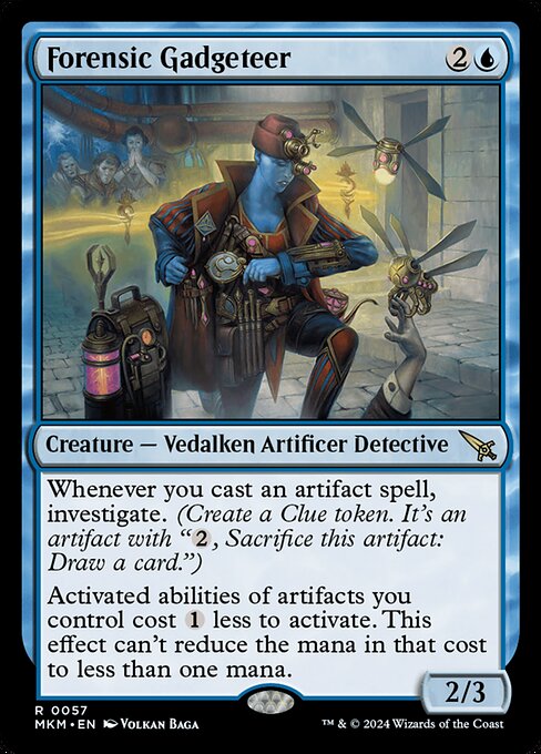 Whenever you cast an artifact spell, investigate. (Create a Clue token. It's an artifact with "{2}, Sacrifice this artifact: Draw a card.")
Activated abilities of artifacts you control cost {1} less to activate. This effect can't reduce the mana in that cost to less than one mana.