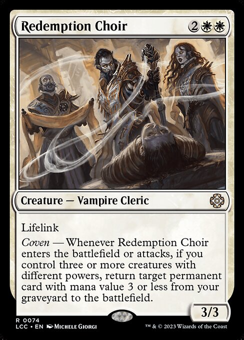 Lifelink
Coven — Whenever this creature enters or attacks, if you control three or more creatures with different powers, return target permanent card with mana value 3 or less from your graveyard to the battlefield.