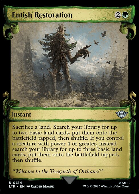 Sacrifice a land. Search your library for up to two basic land cards, put them onto the battlefield tapped, then shuffle. If you control a creature with power 4 or greater, instead search your library for up to three basic land cards, put them onto the battlefield tapped, then shuffle.