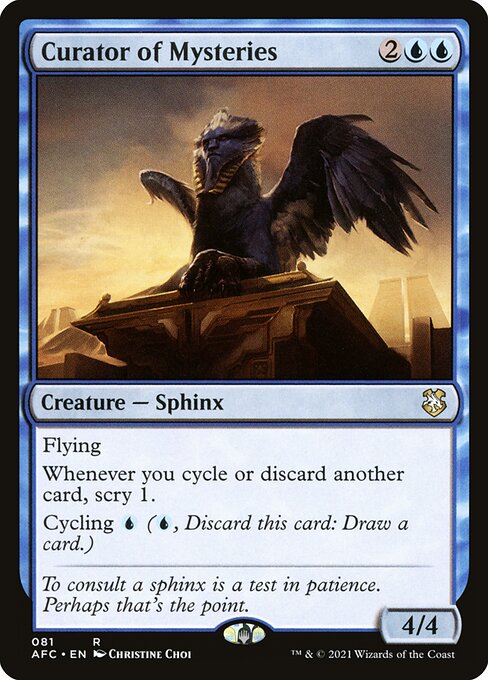Flying
Whenever you cycle or discard another card, scry 1.
Cycling {U} ({U}, Discard this card: Draw a card.)