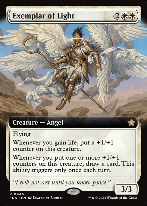 Flying
Whenever you gain life, put a +1/+1 counter on this creature.
Whenever you put one or more +1/+1 counters on this creature, draw a card. This ability triggers only once each turn.
