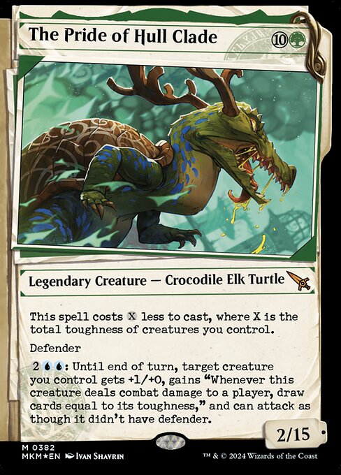 This spell costs {X} less to cast, where X is the total toughness of creatures you control.
Defender
{2}{U}{U}: Until end of turn, target creature you control gets +1/+0, gains "Whenever this creature deals combat damage to a player, draw cards equal to its toughness," and can attack as though it didn't have defender.