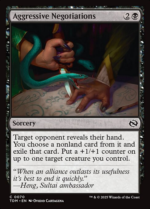 Target opponent reveals their hand. You choose a nonland card from it and exile that card. Put a +1/+1 counter on up to one target creature you control.