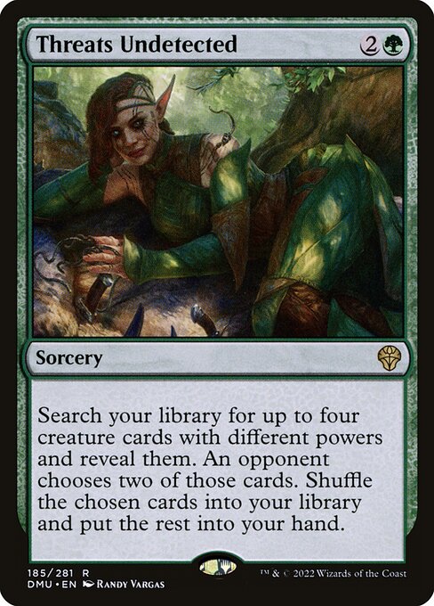 Search your library for up to four creature cards with different powers and reveal them. An opponent chooses two of those cards. Shuffle the chosen cards into your library and put the rest into your hand.