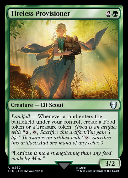 Landfall — Whenever a land enters the battlefield under your control, create a Food token or a Treasure token. (Food is an artifact with "{2}, {T}, Sacrifice this artifact: You gain 3 life." Treasure is an artifact with "{T}, Sacrifice this artifact: Add one mana of any color.")